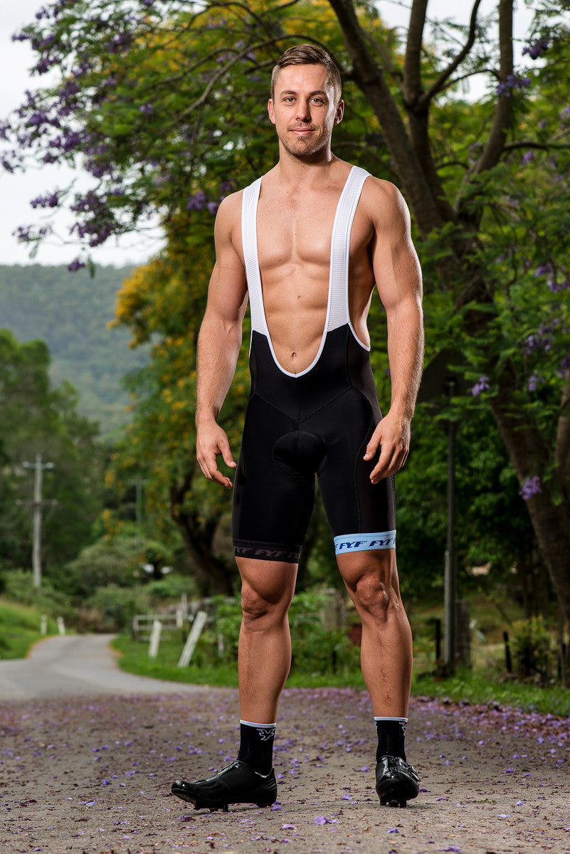 black cycling bib shorts with blue hem designed in australia made in italy